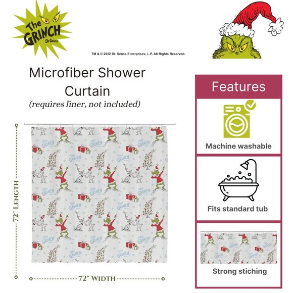 Dr. Seuss The Grinch Shower Curtain 72”x72” Christmas Max Candy Canes Presents - Picture 3 of 4